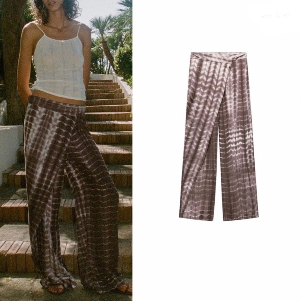 Zara Tie Dye Grey Purple White Linen Blend Pants Wide Leg Relaxed